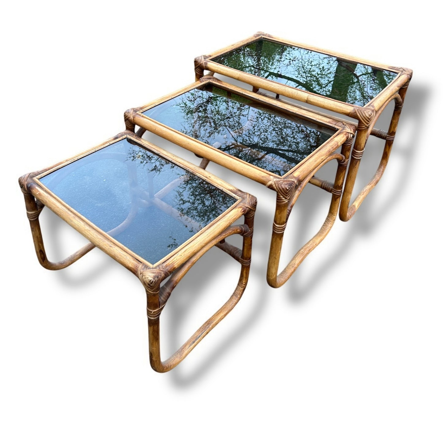 Mid Century bamboo and smoked glass nest of tables