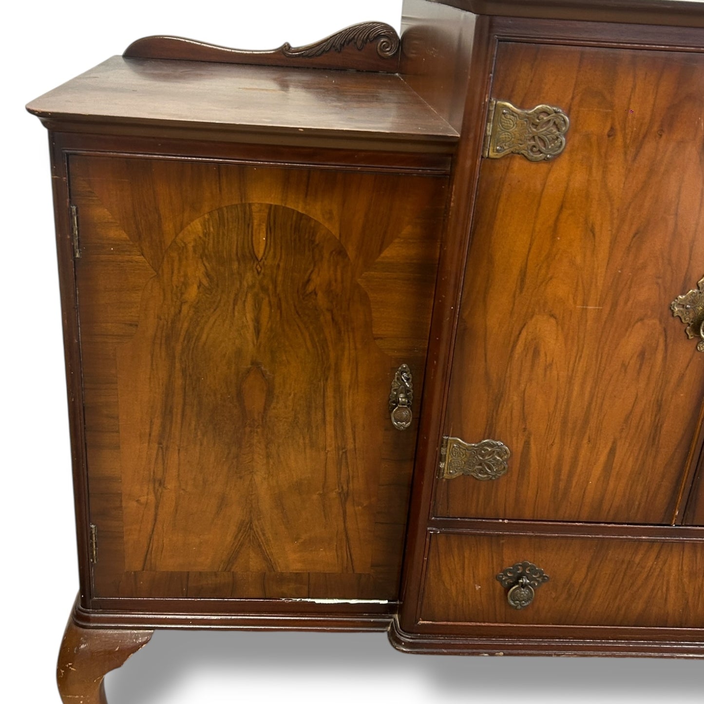 Queen Anne Walnut Sideboard | Vintage Drinks Cabinet with Brass Hardware