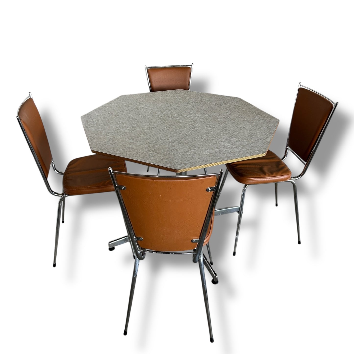 Mid Century Modern Hexagonal Formica Dining Table and French Leatherette Chairs Set