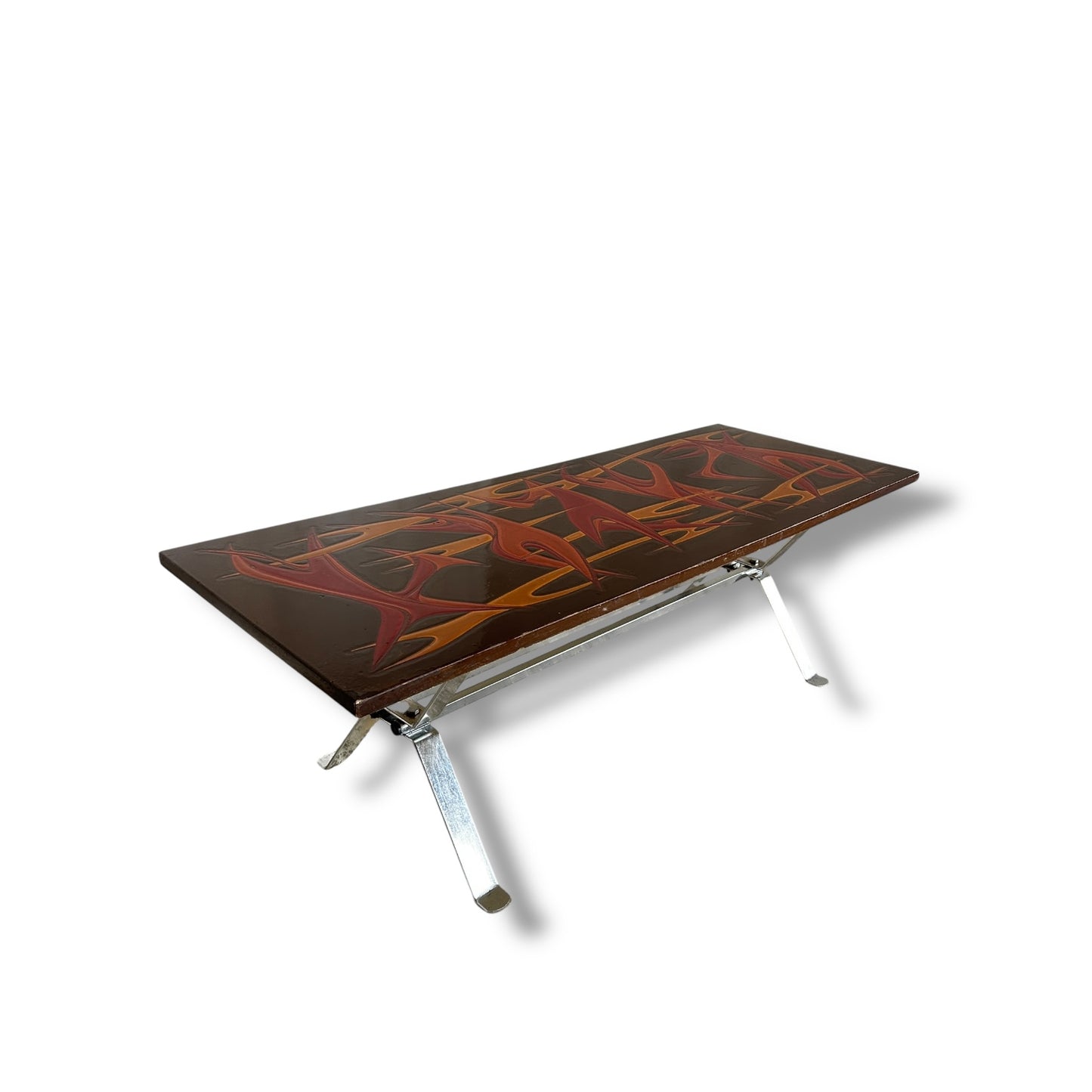 Mid Century Modern Flames Hand Painted Top Chrome Coffee Table