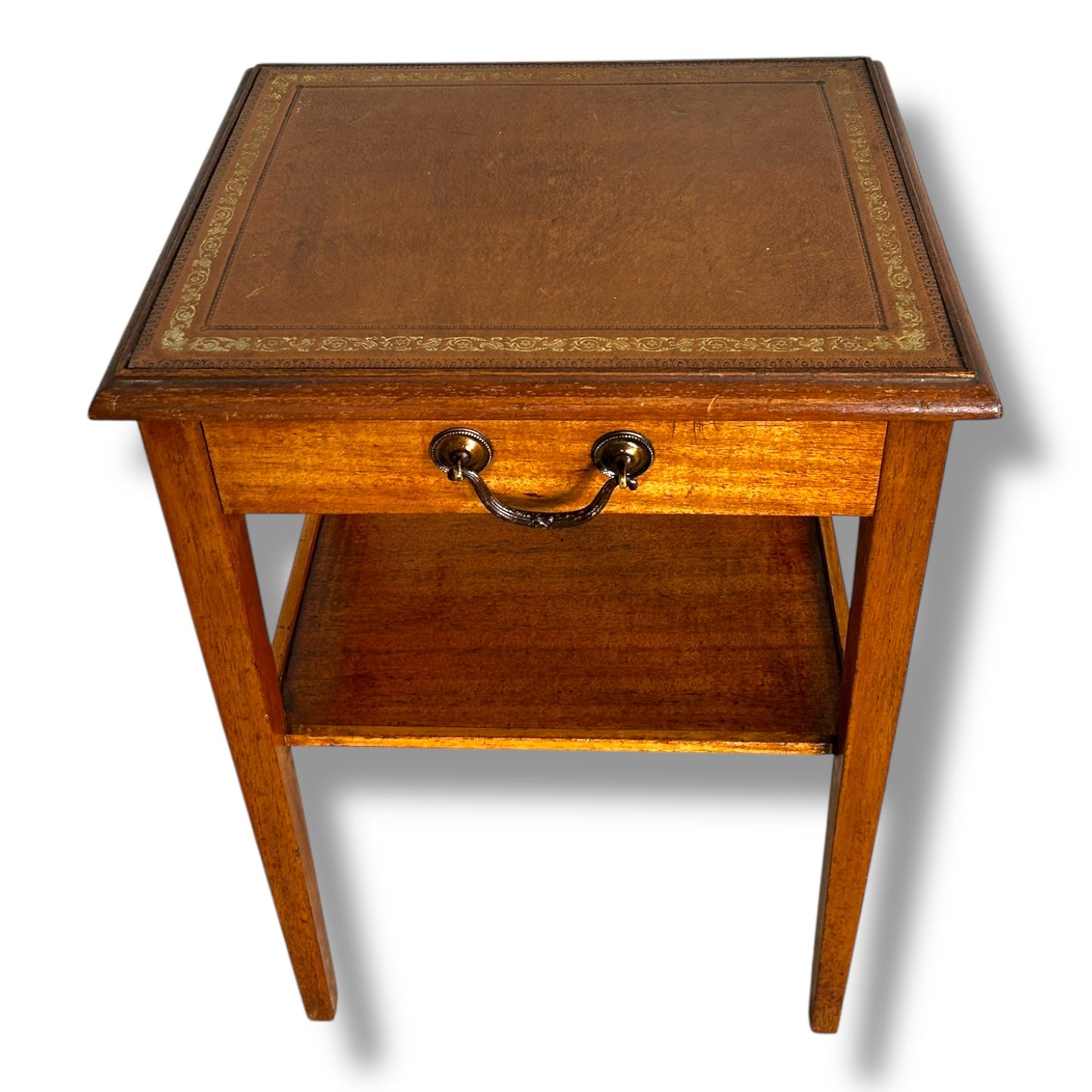 Vintage Oak Bedside Cabinet with Drawer & Leather Inlay Top | Antique Nightstand Table