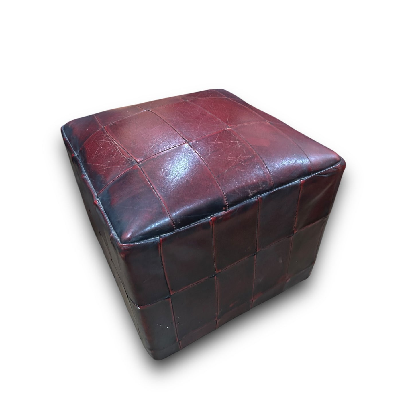 Vintage Pair of Danish Patchwork Leather Cube Ottoman Footstools