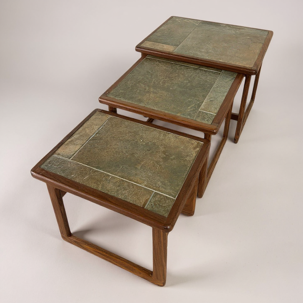 Mid Century Danish Nest of Tables | Vintage Tiled Teak Side Tables Set of 3