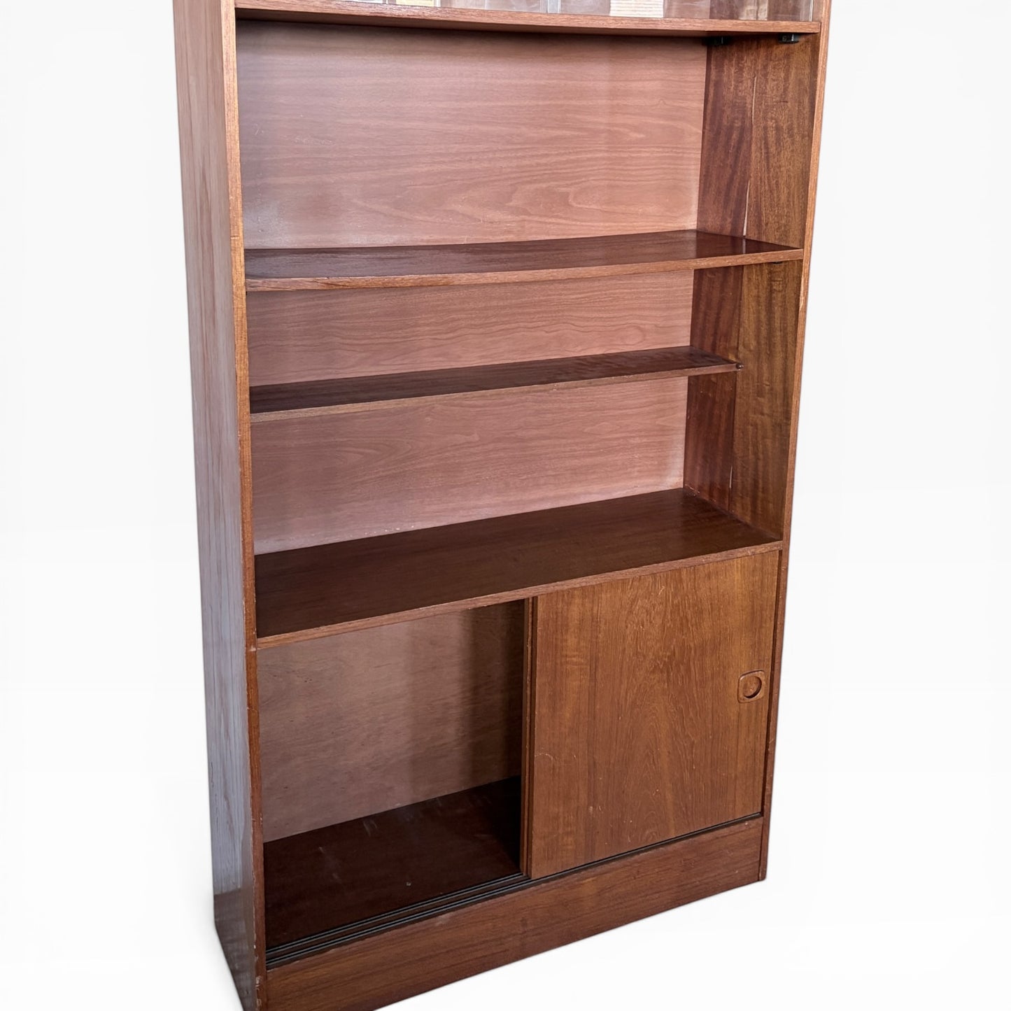 Vintage Danish Teak Tall Bookcase Cabinet with Sliding Doors