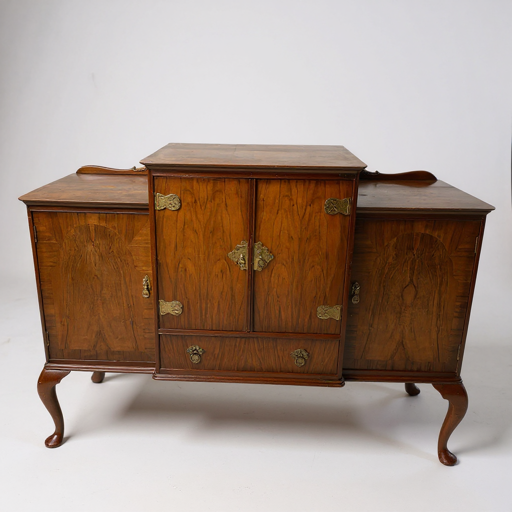 Queen Anne Walnut Sideboard | Vintage Drinks Cabinet with Brass Hardware