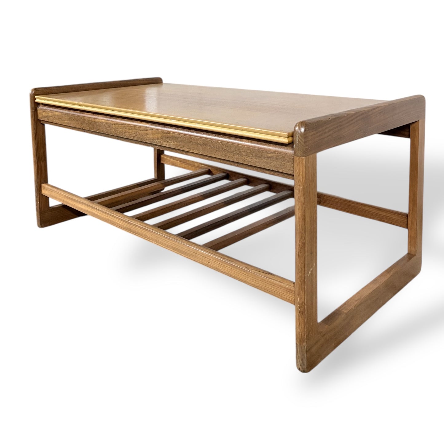 Mid-Century Teak Floating Top Coffee Table with Slatted Shelf