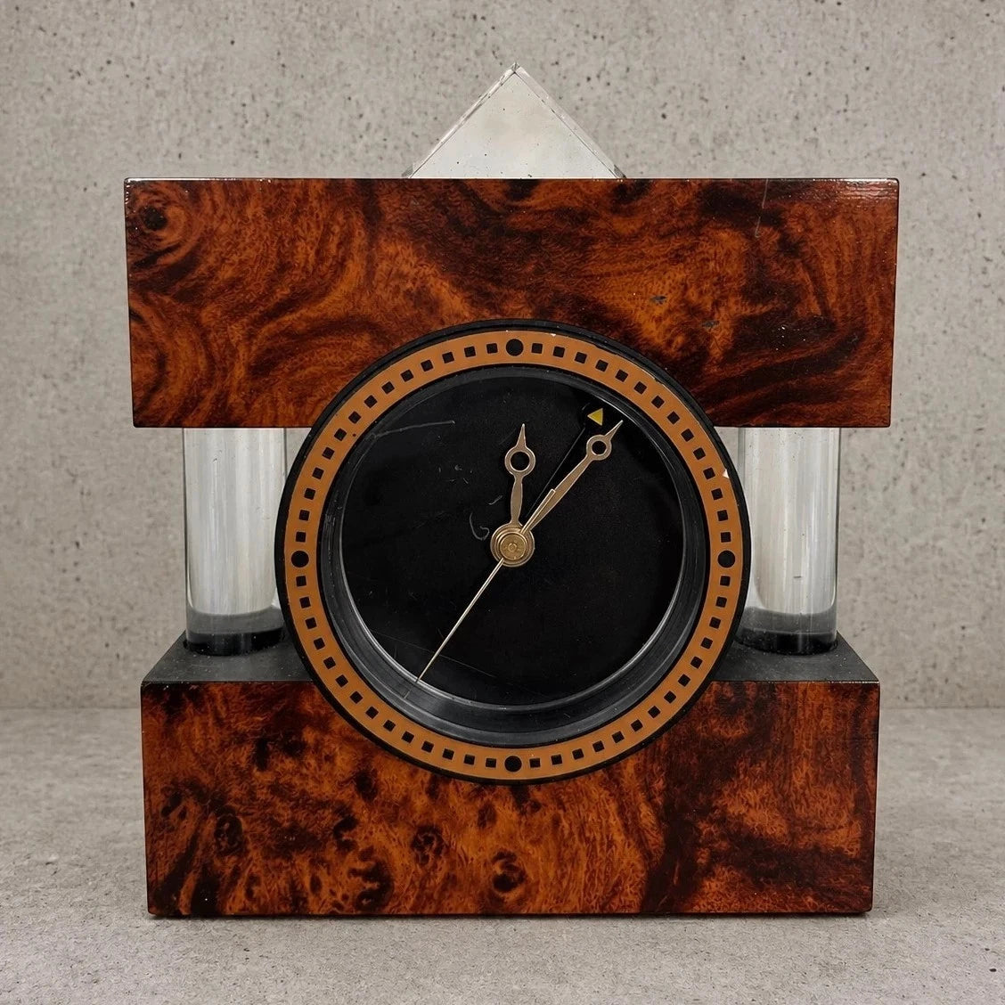 Italian Burr Walnut & Lucite Mantel Clock – view 2