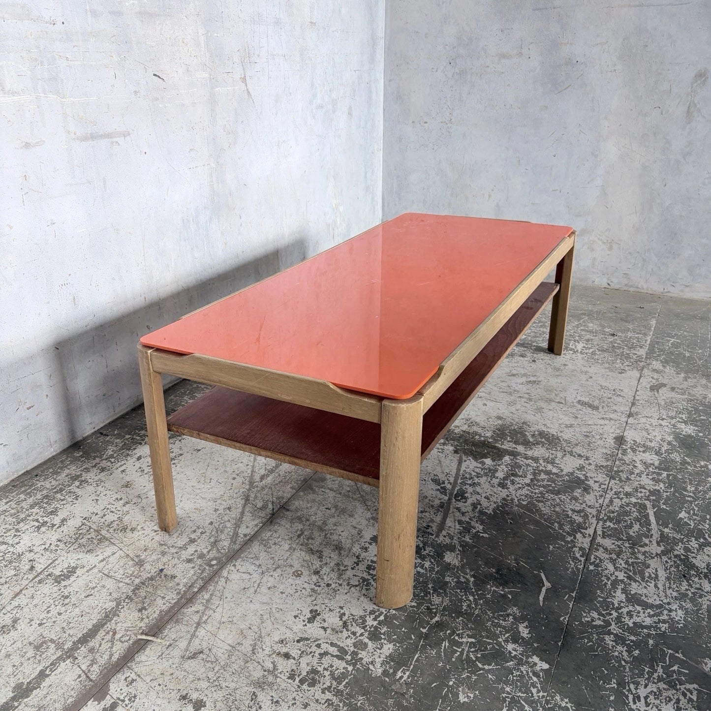 Mid Century Myers Light Teak Coffee Table with Orange Perspex Top – image 6