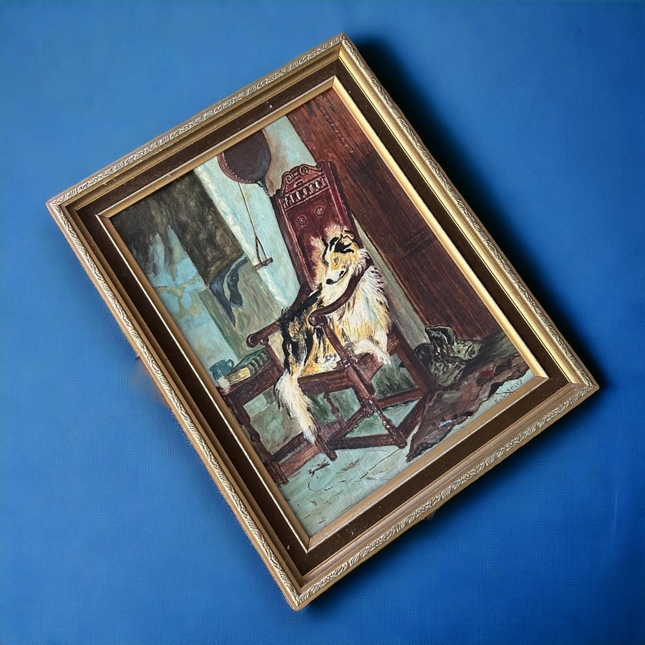 Vintage 1990s Dog Still Life Oil Painting