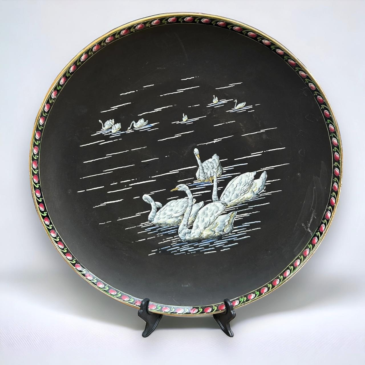Antique Mintons Pottery Charger Plate Victorian Hand Painted 11 Swans