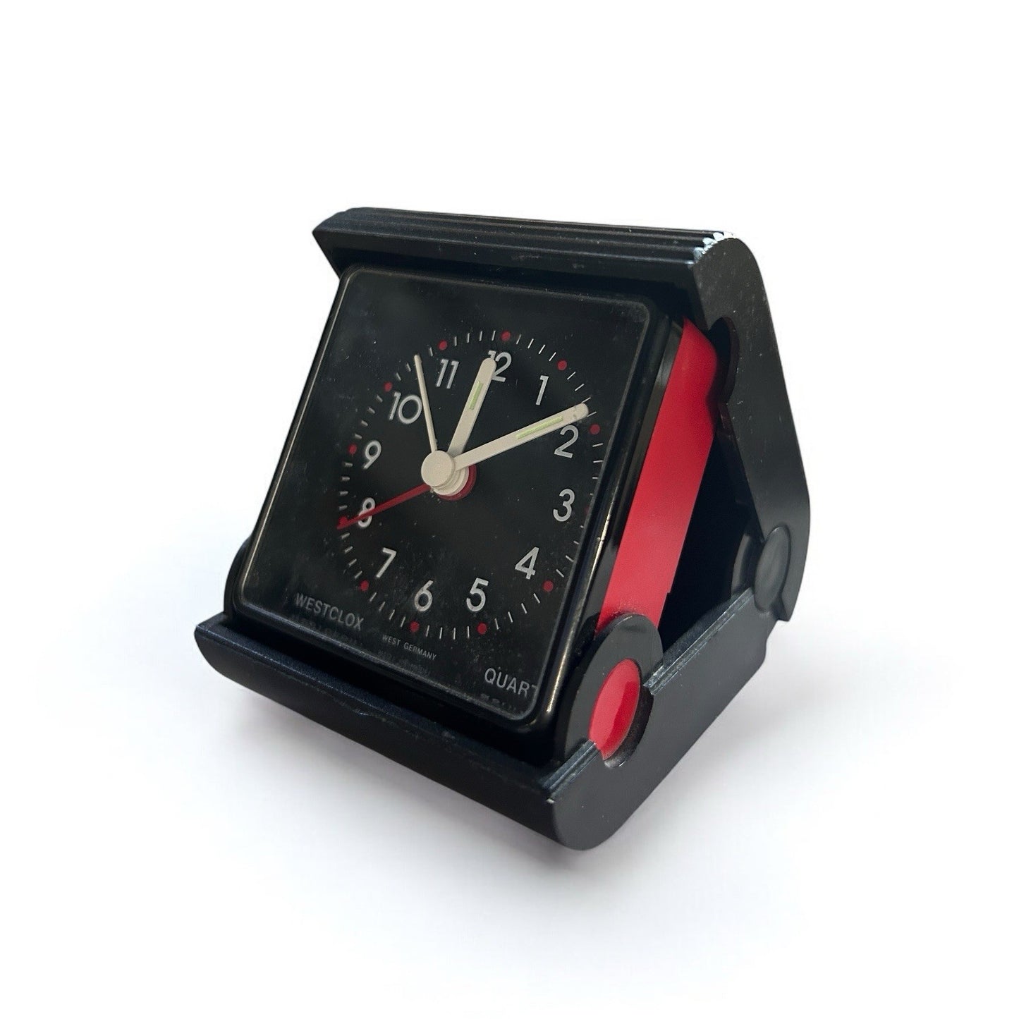 Mid Century West German Red and Black Westclox Travel Alarm Clock