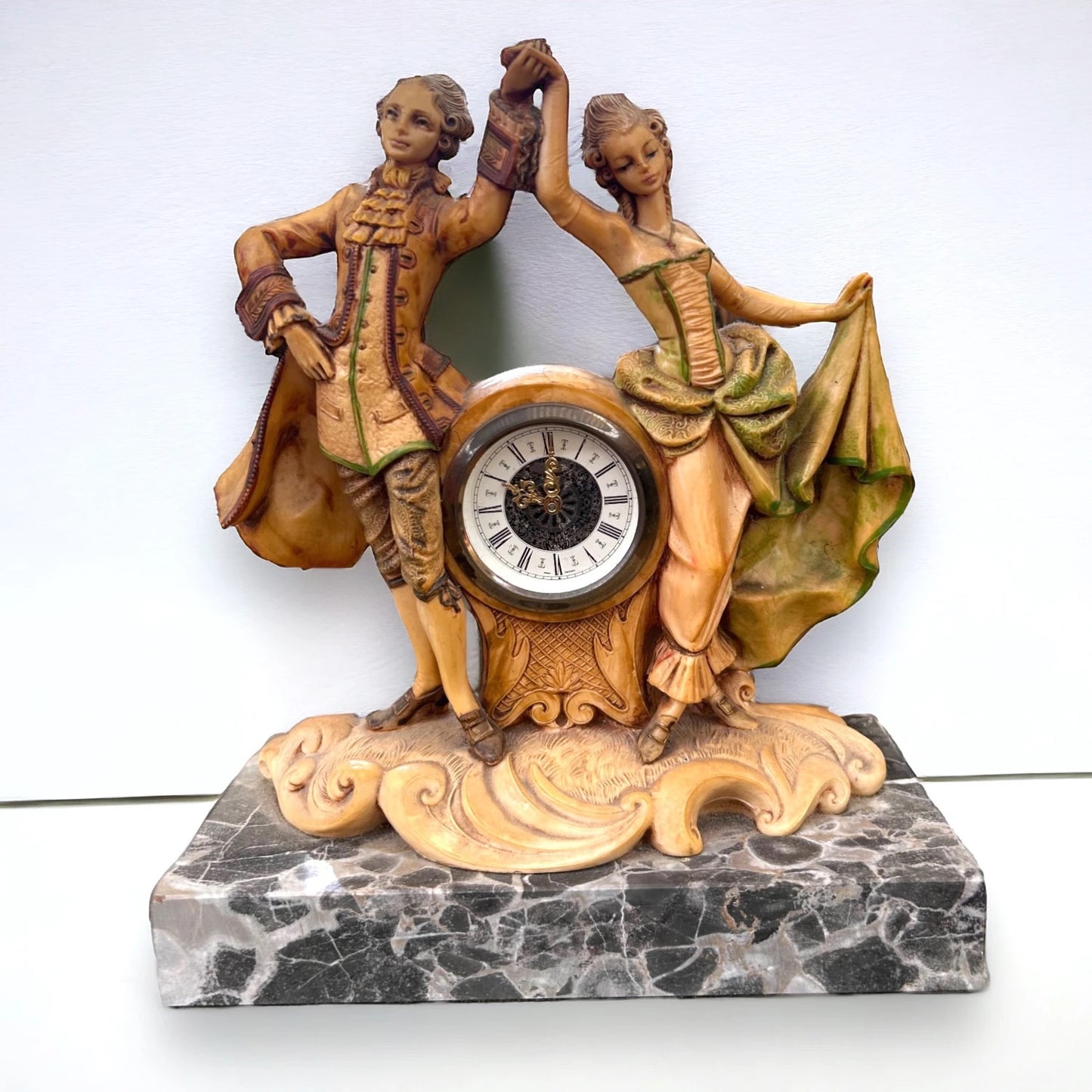 Vintage West Germany Resin Figural Clock Carrara Marble Base