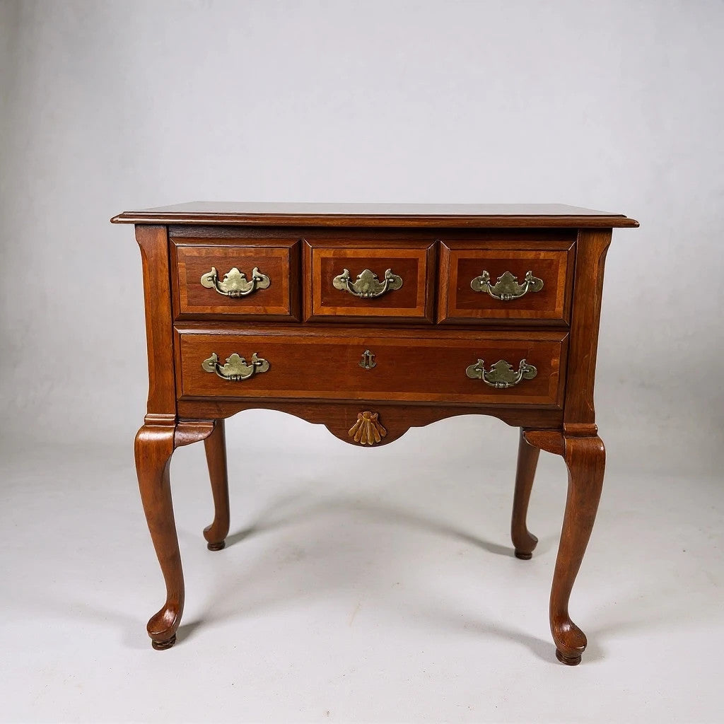 Vintage Queen Anne Style Marquetry Chest – 2 Drawer Side Cabinet with Brass Handles