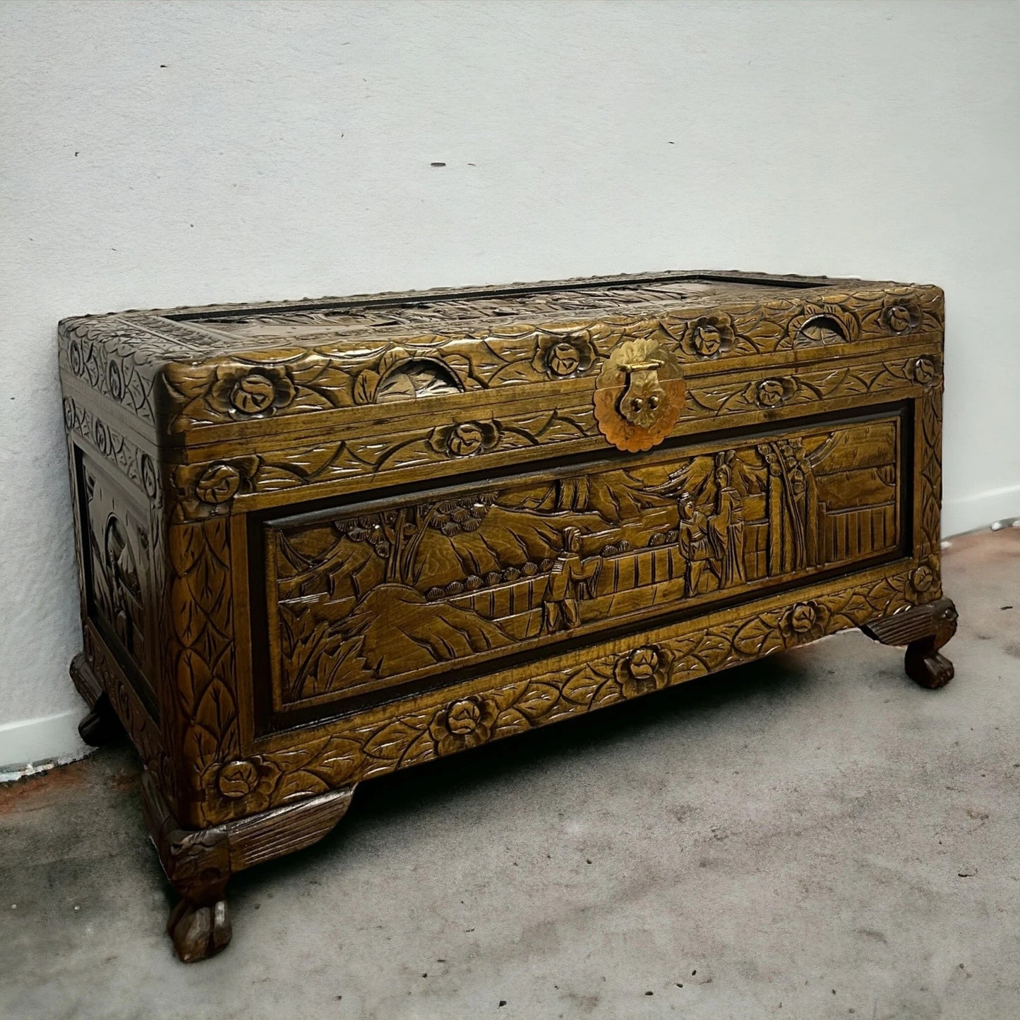 Antique Oriental Carved Camphor Wood Trunk Chest