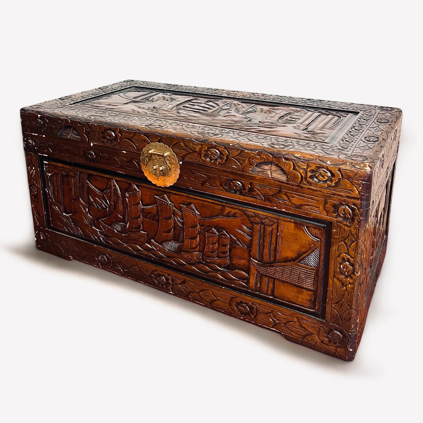 Mid Century Modern Chinese Camphor Wood Carved Storage Treasure Chest