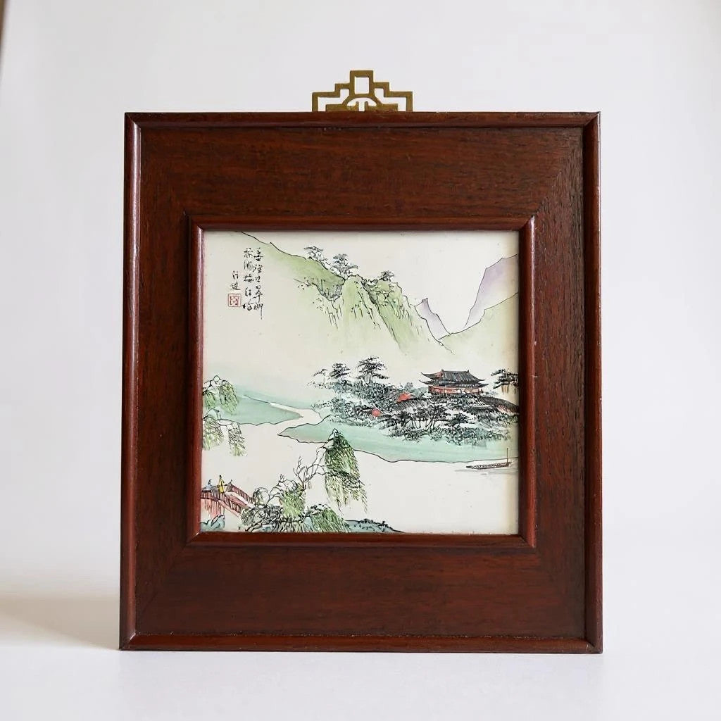 Vintage Chinese Hand-Painted Porcelain Tile Plaque in Rosewood Frame – Scenic Landscape Wall Art