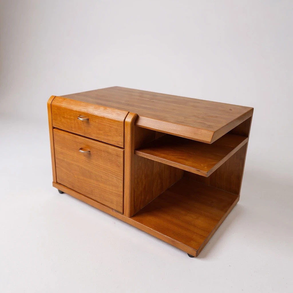 Vintage German Mid Century Modern Teak Rolling Cabinet – 1960s Mobile Side Table