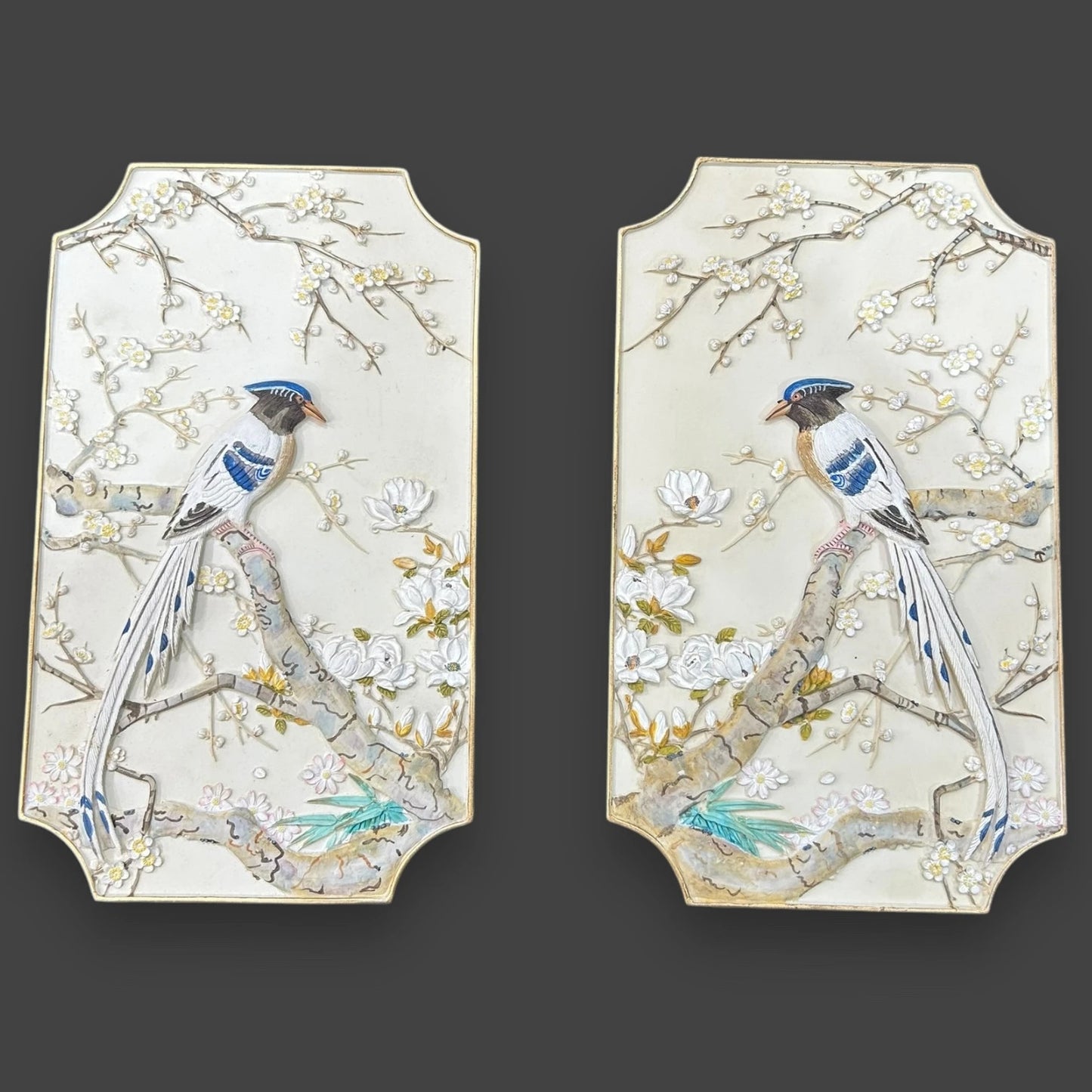 Vintage 1980s Floral Birds Wall Plaques