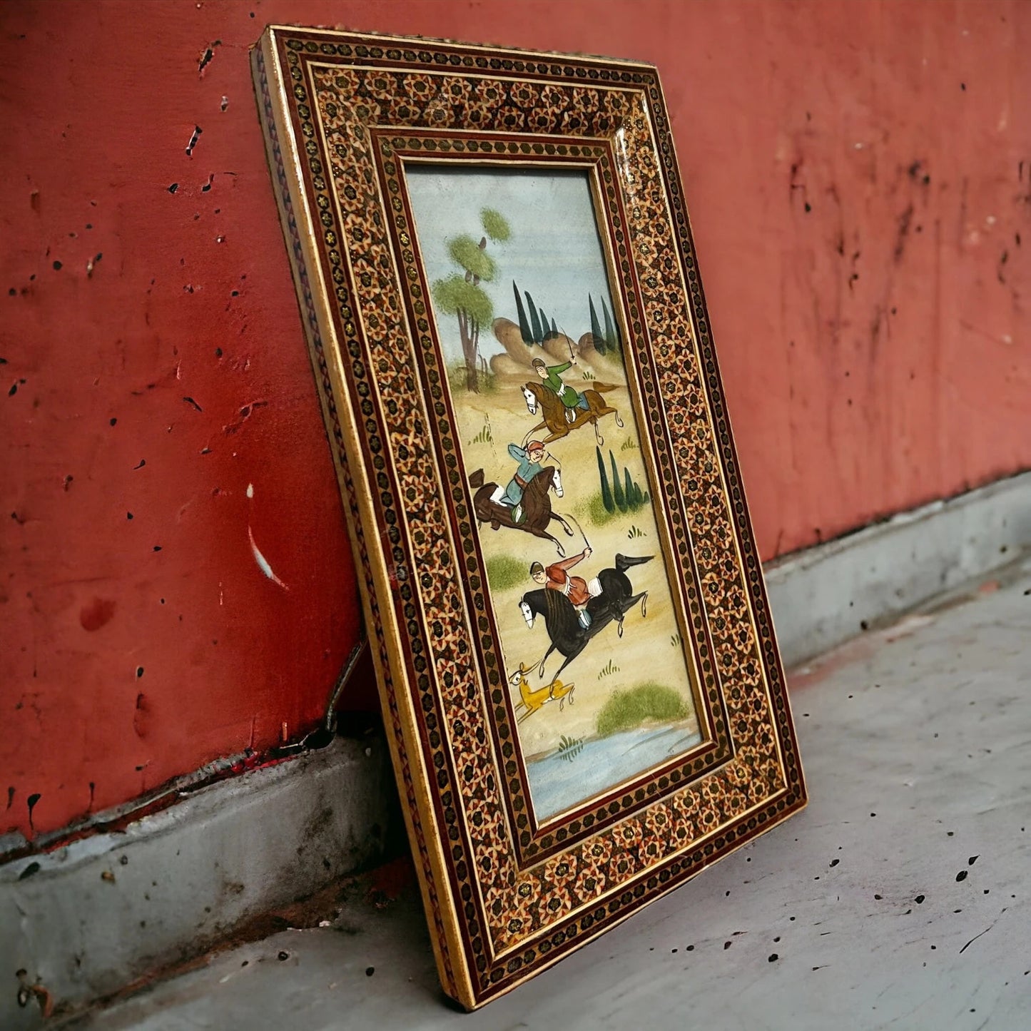 Vintage 1950s Persian Battle Scene Framed Painting