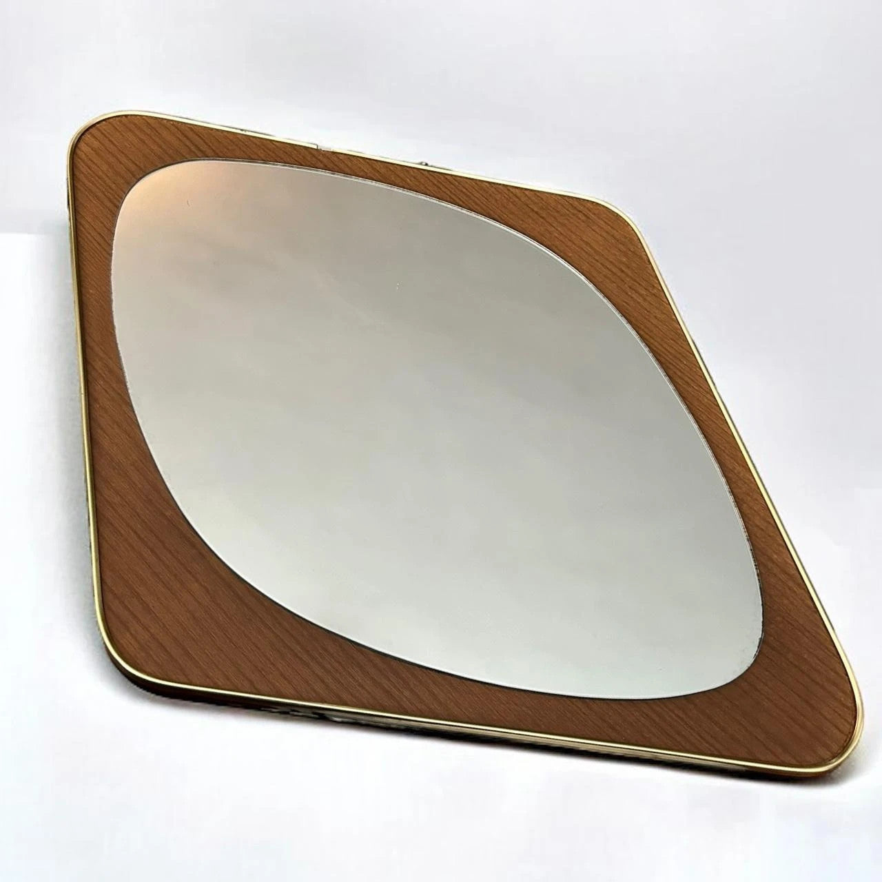 Mid Century Teak and Brass Diamond Shaped Mirror
