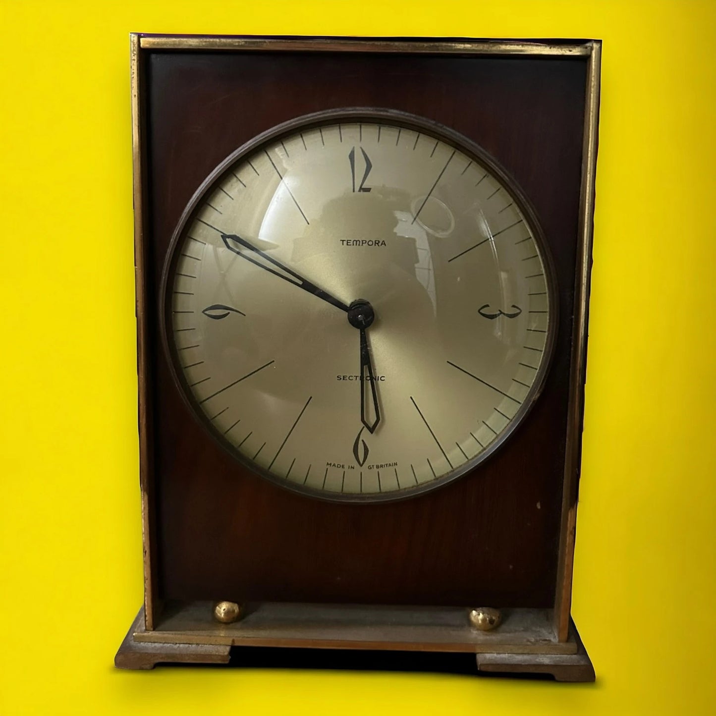 Mid Century Brass and Wood Tempora Table Clock