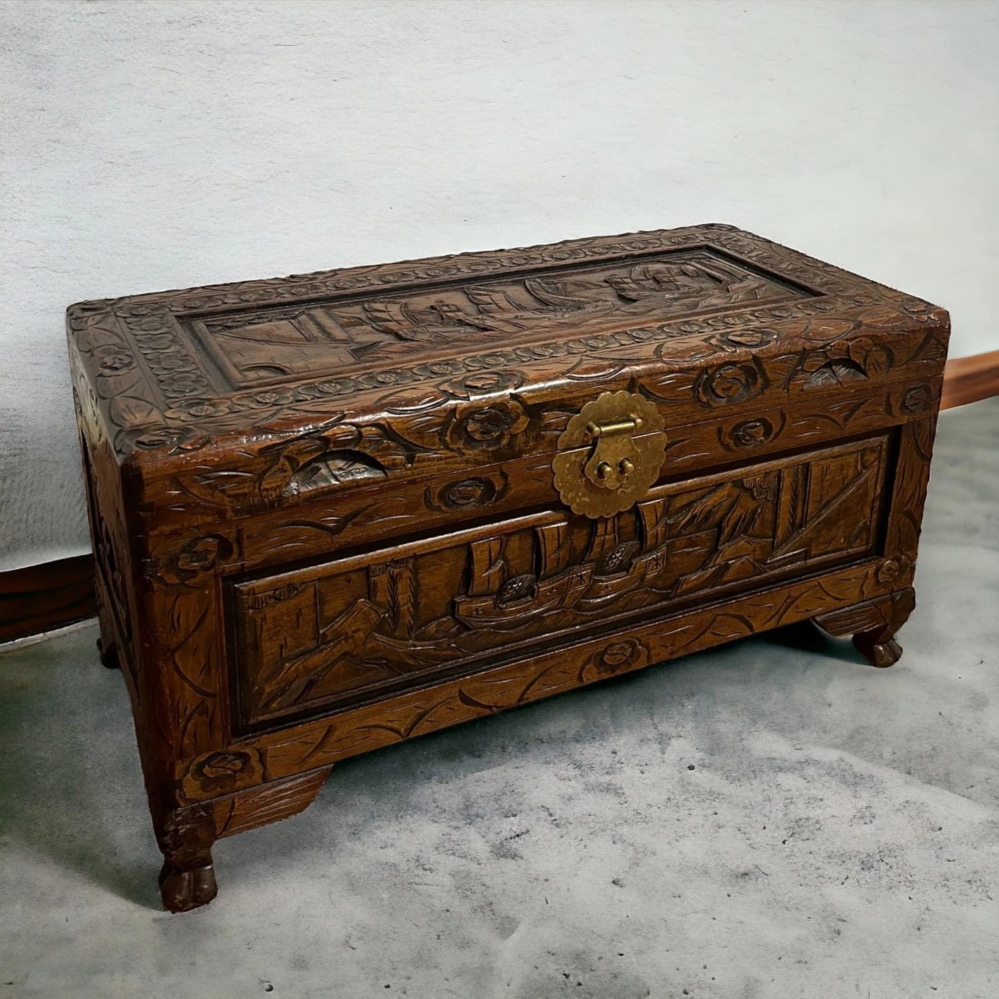 Antique Chinese Carved Camphor Wood Trunk Chest