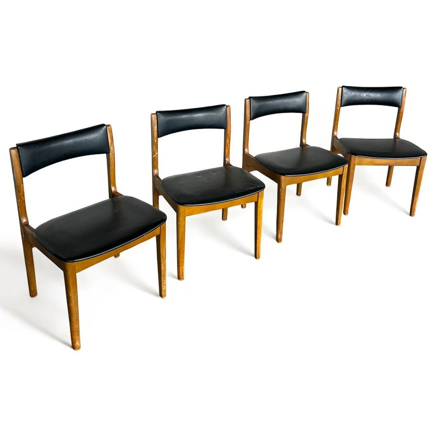 Mid Century Modern Teak Wood and Black Vinyl Set of Four Dining Chairs