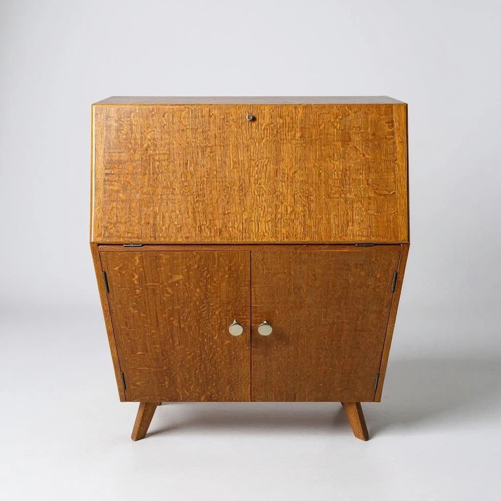 Mid Century Modern Oak Bureau Desk Cabinet | Vintage Drop-Front Writing Desk with Storage Drawers