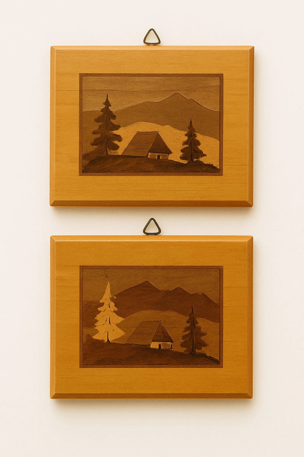 Vintage Polish Marquetry Wall Plaques Mid-Century Rustic Cabin Decor – Set of 2