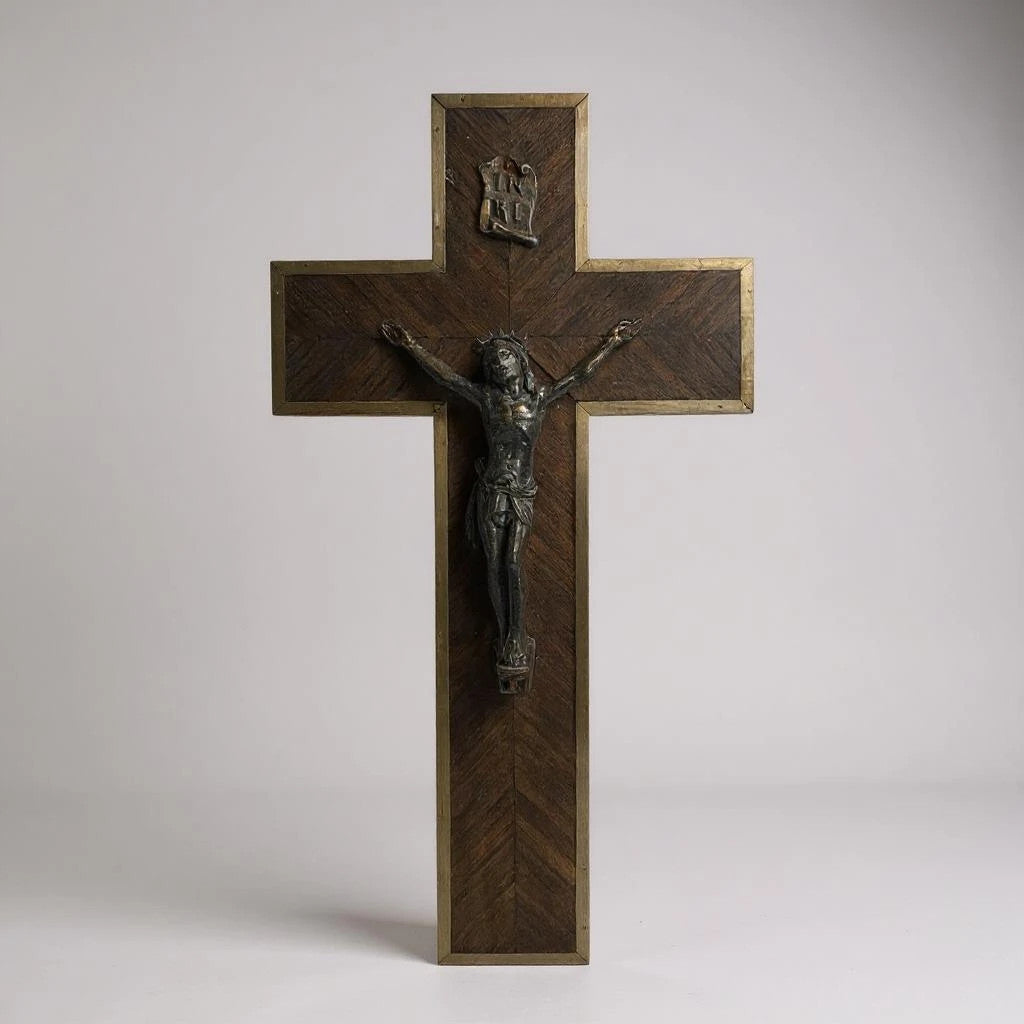 Vintage 1960s Wooden Marquetry Jesus Christ Crucifix