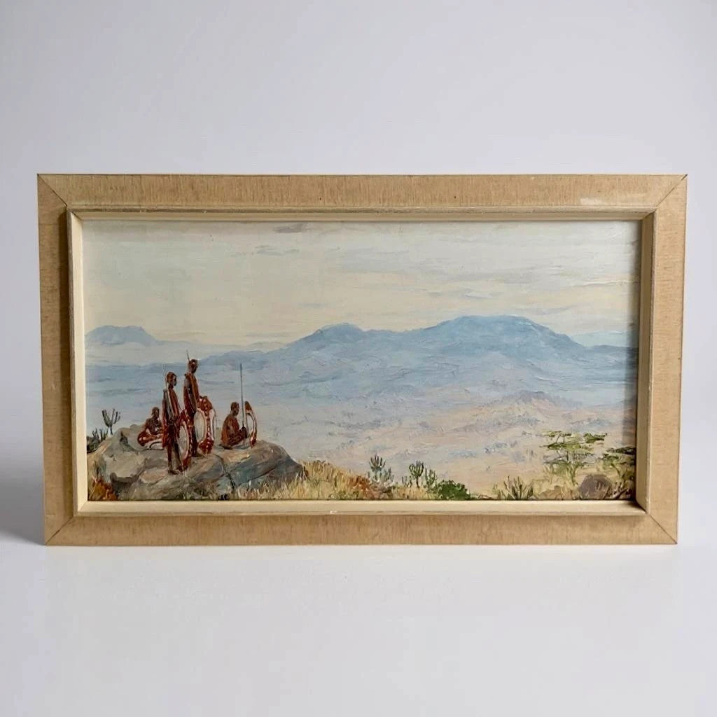 Mid Century Kenyan Maasai Warriors Landscape Framed Painting