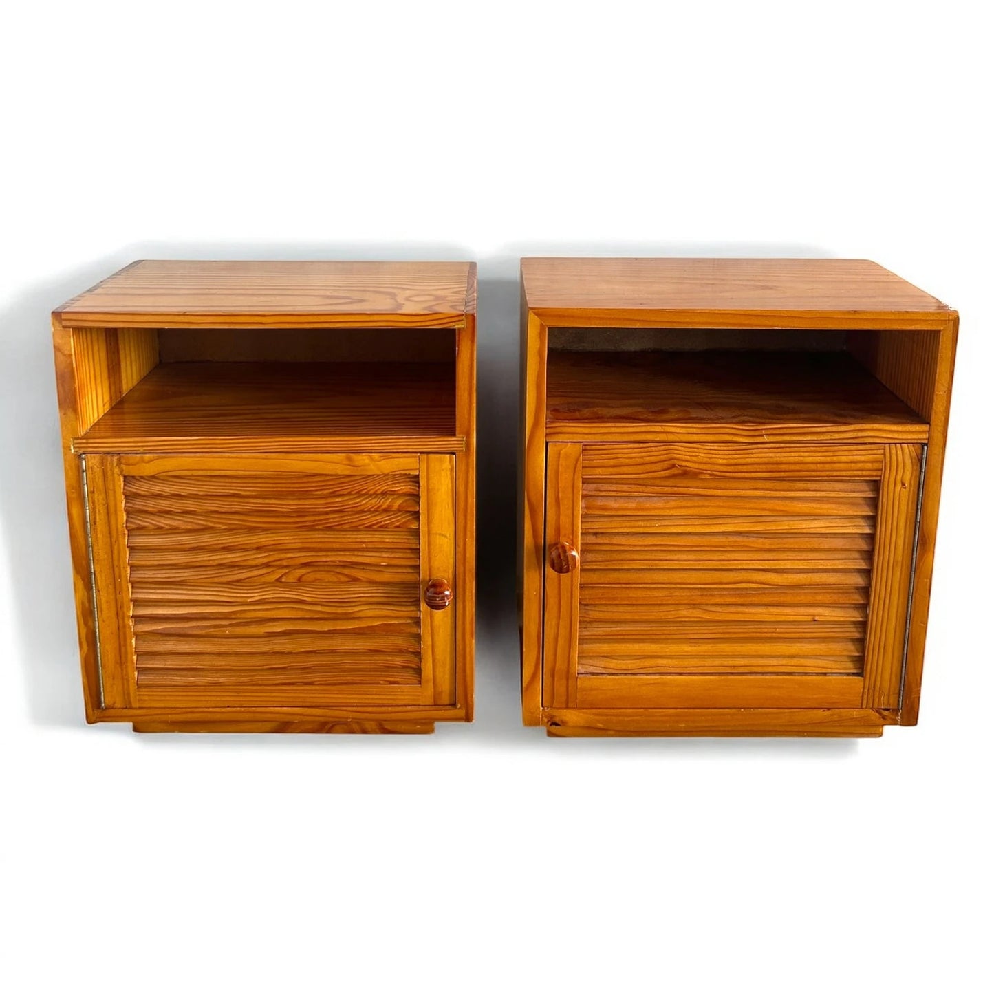 Mid Century Modern Pair of Teak Wood Slatted Bedside Cabinets