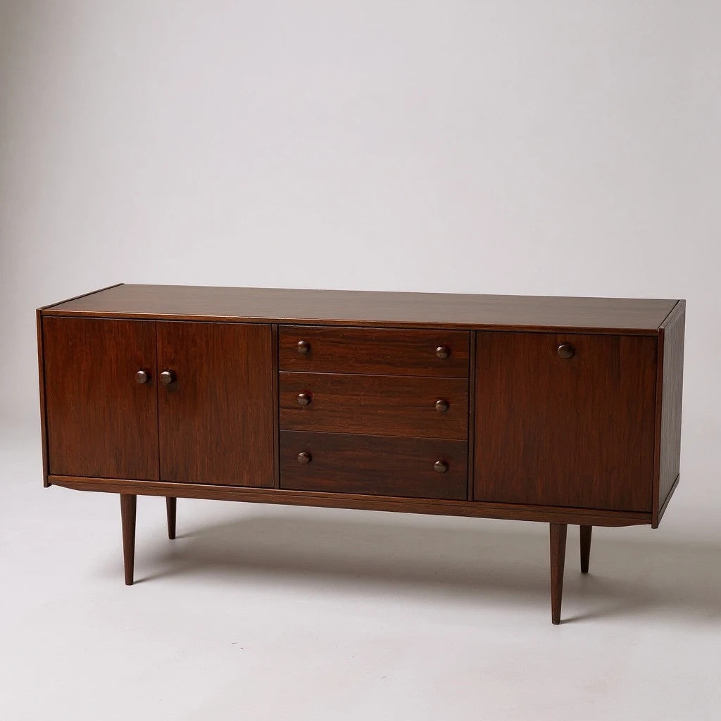 Mid Century Rosewood Effect Sideboard, Retro Credenza with Drawers and Cupboards