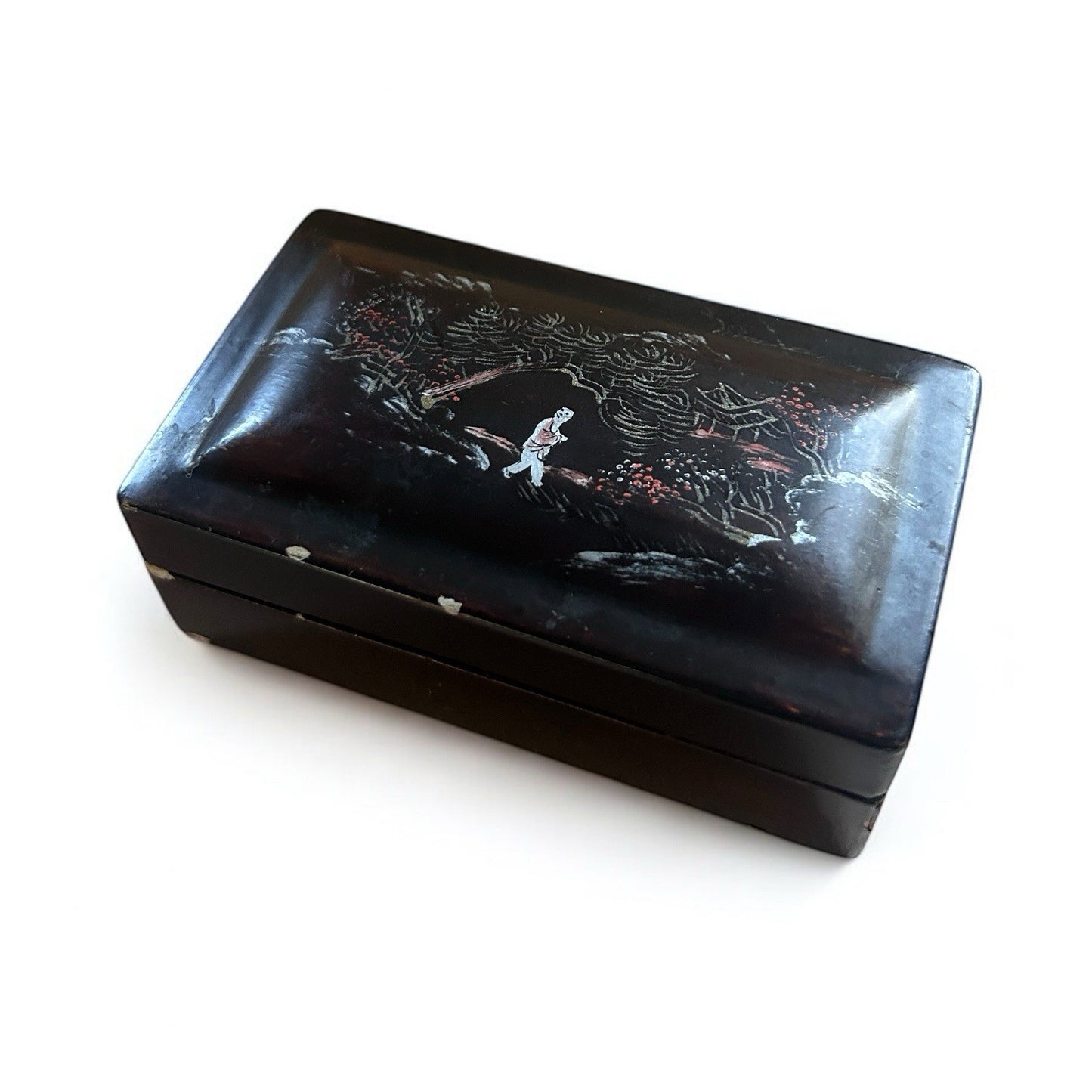 Vintage Chinese lacquer dark wood trinket box
