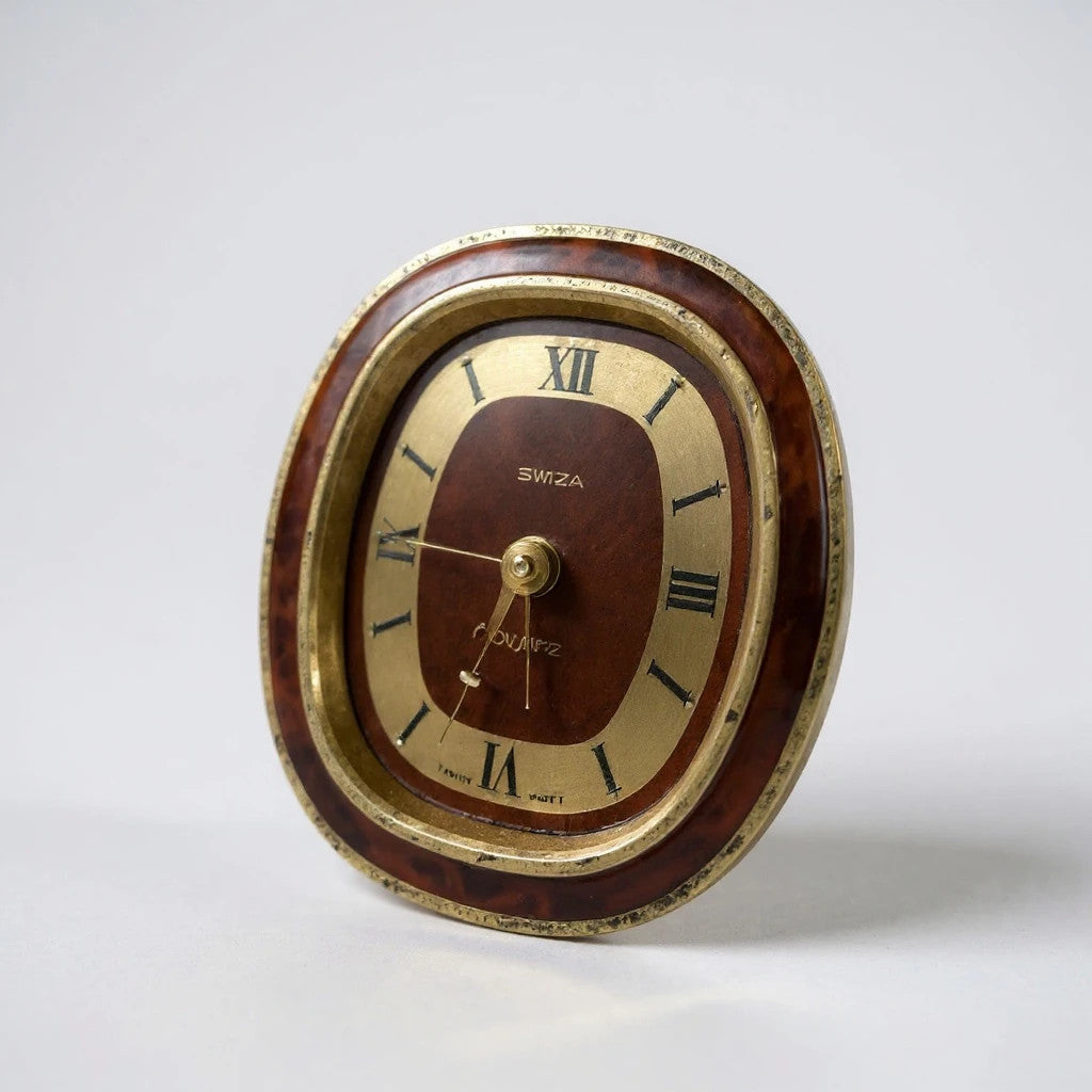 Vintage Swiza Swiss Desk Clock – Burlwood & Brass Mid-Century Quartz
