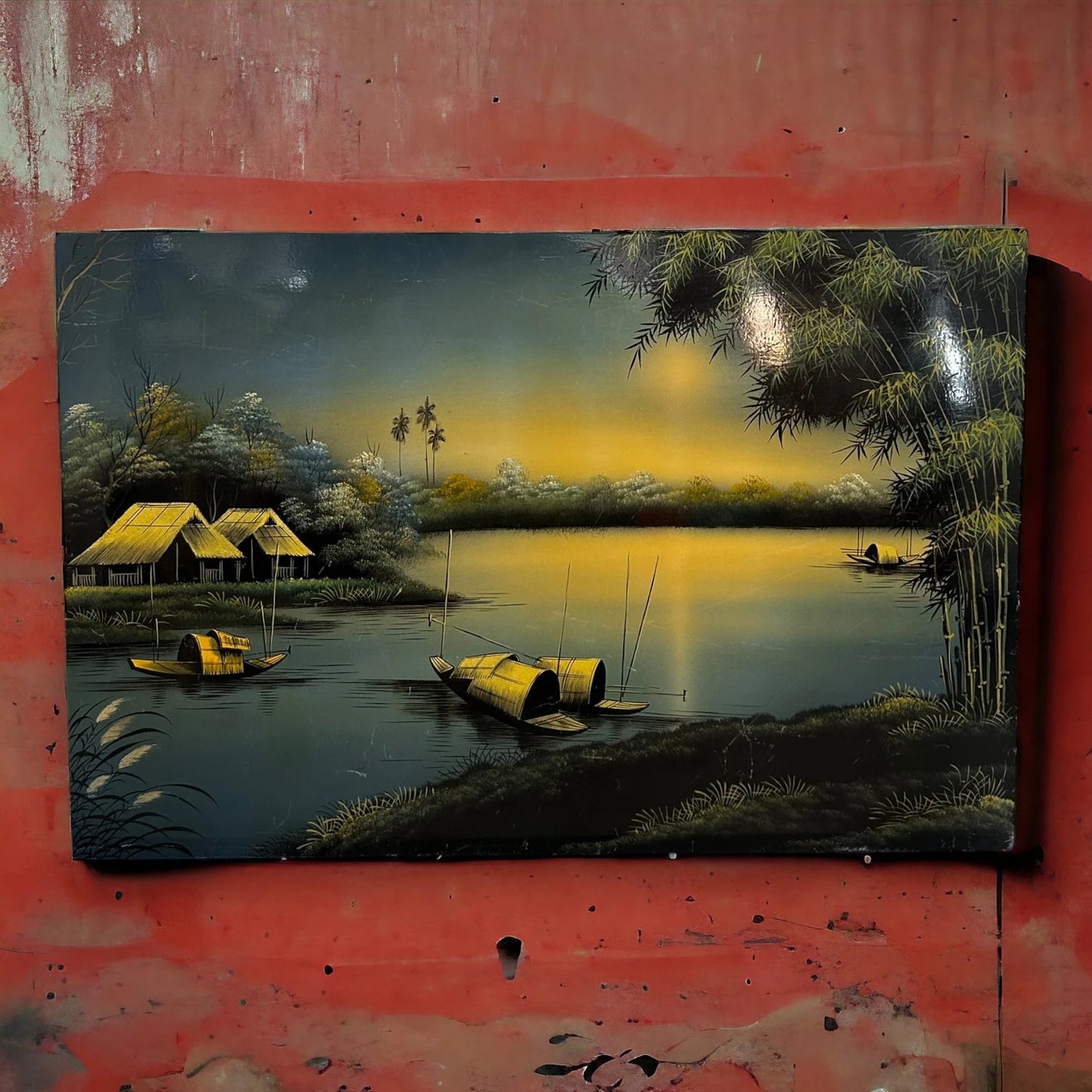Vintage 1970s East Asian Eggshell Lacquer Wall Panel
