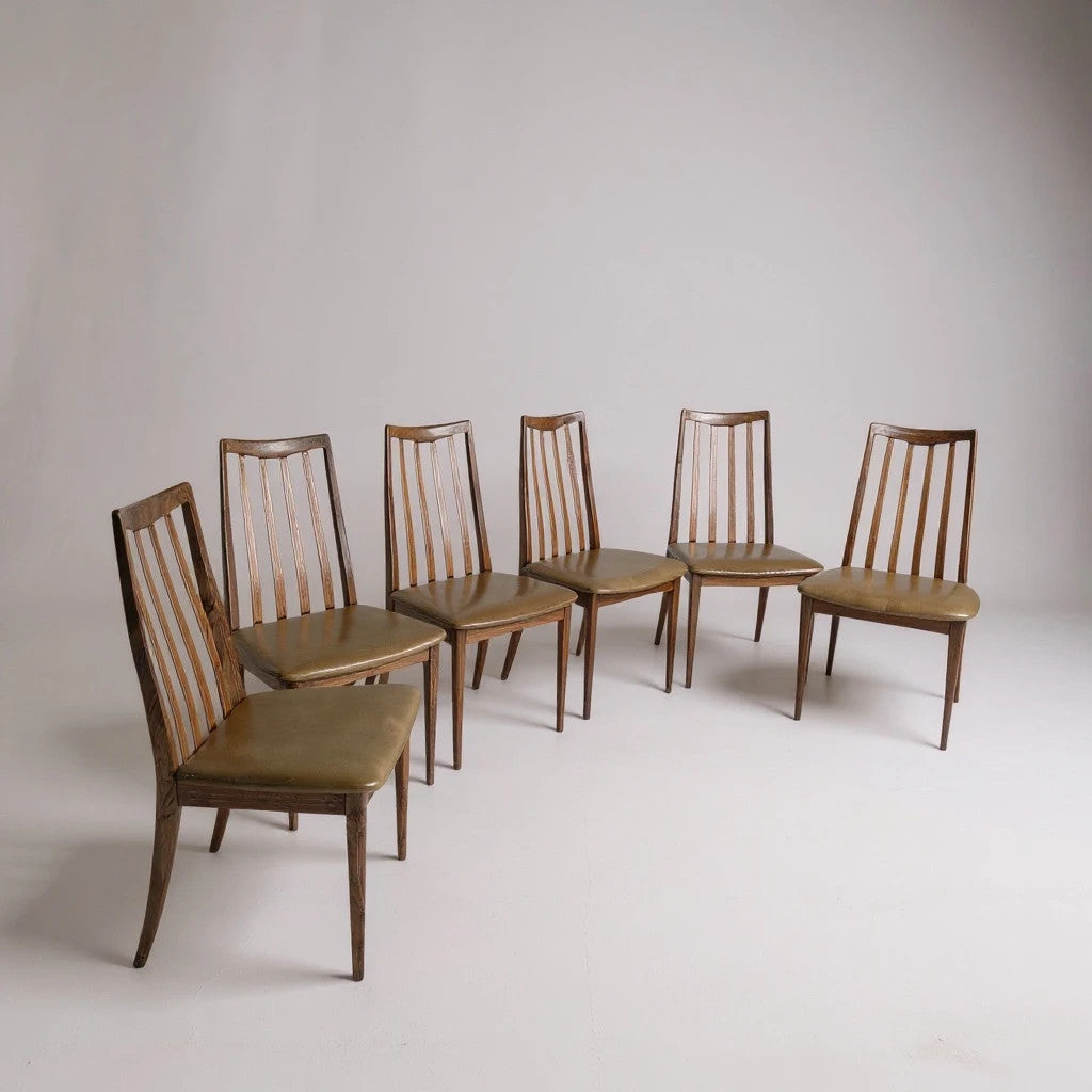 Vintage Mid-Century Modern G Plan Teak Dining Chairs – Set of 6, Yellow Vinyl Upholstery