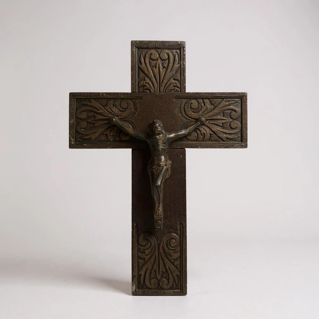 Vintage 1960s Carved Oak Wood Crucifix | Mid Century Jesus Christ Wall Cross