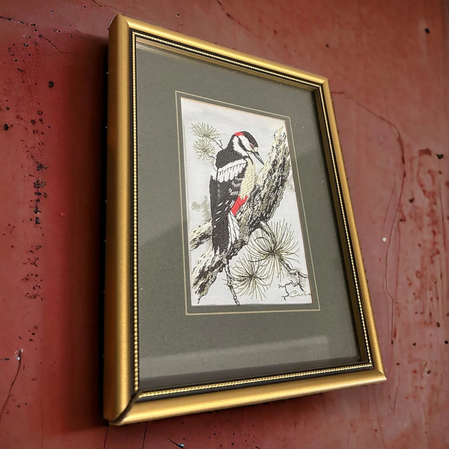 Vintage 1970s Woodpecker Bird Silk Picture