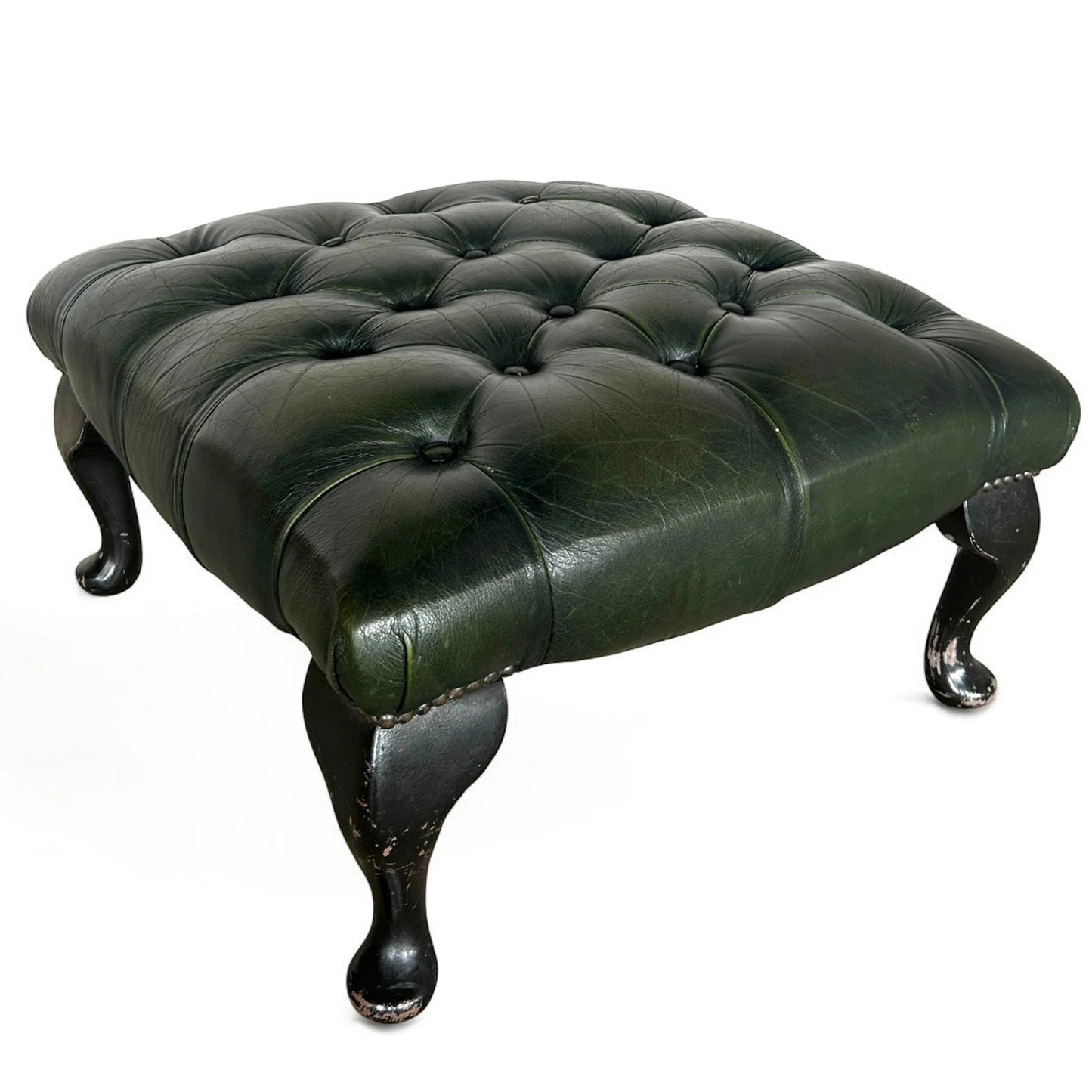Mid Century Modern Dark Green Leather Chesterfield Foot Stool