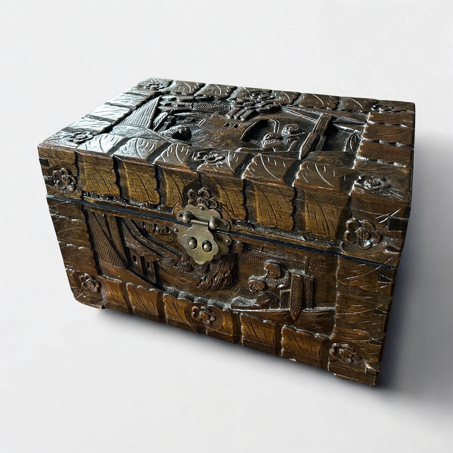 Mid Century Chinese Carved Camphor Wood Sewing Box