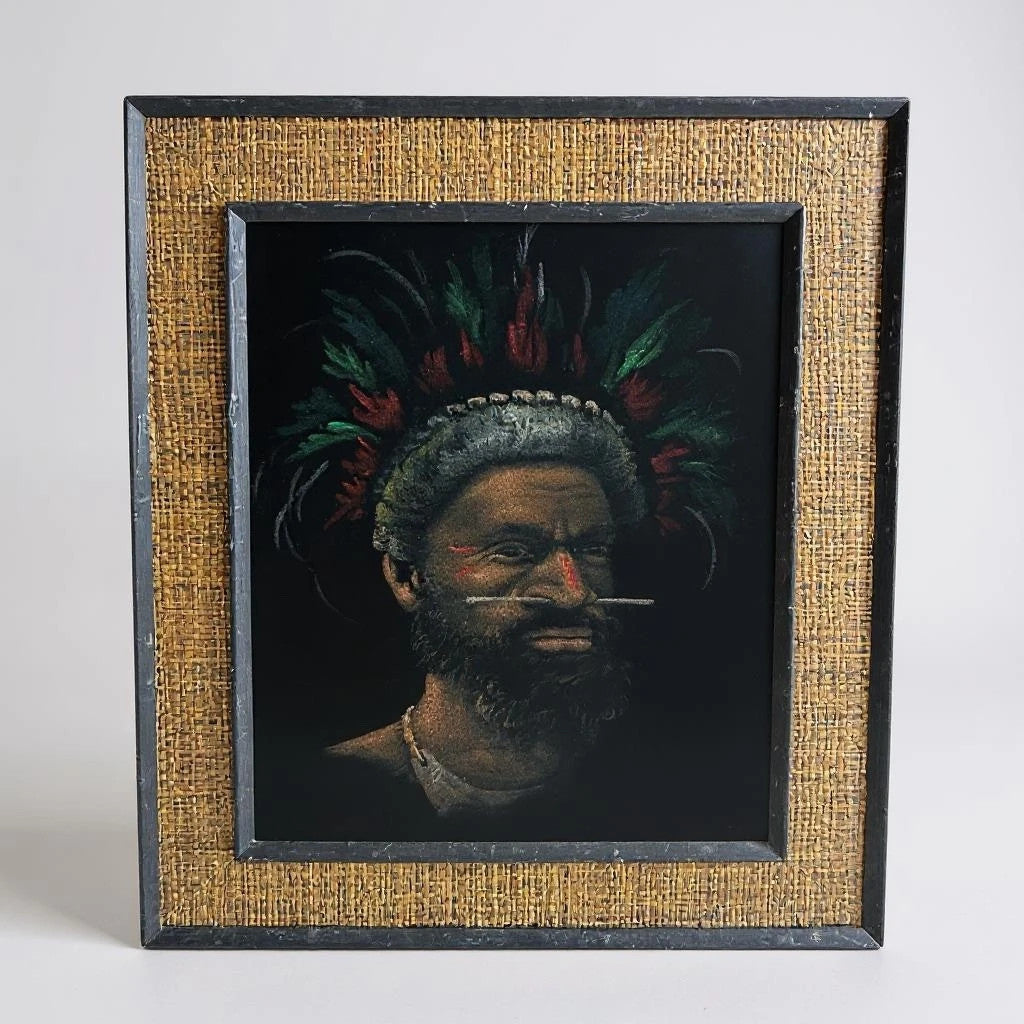 Mid Century Modern Tribal African Warrior Art Painting Bamboo Jute Frame