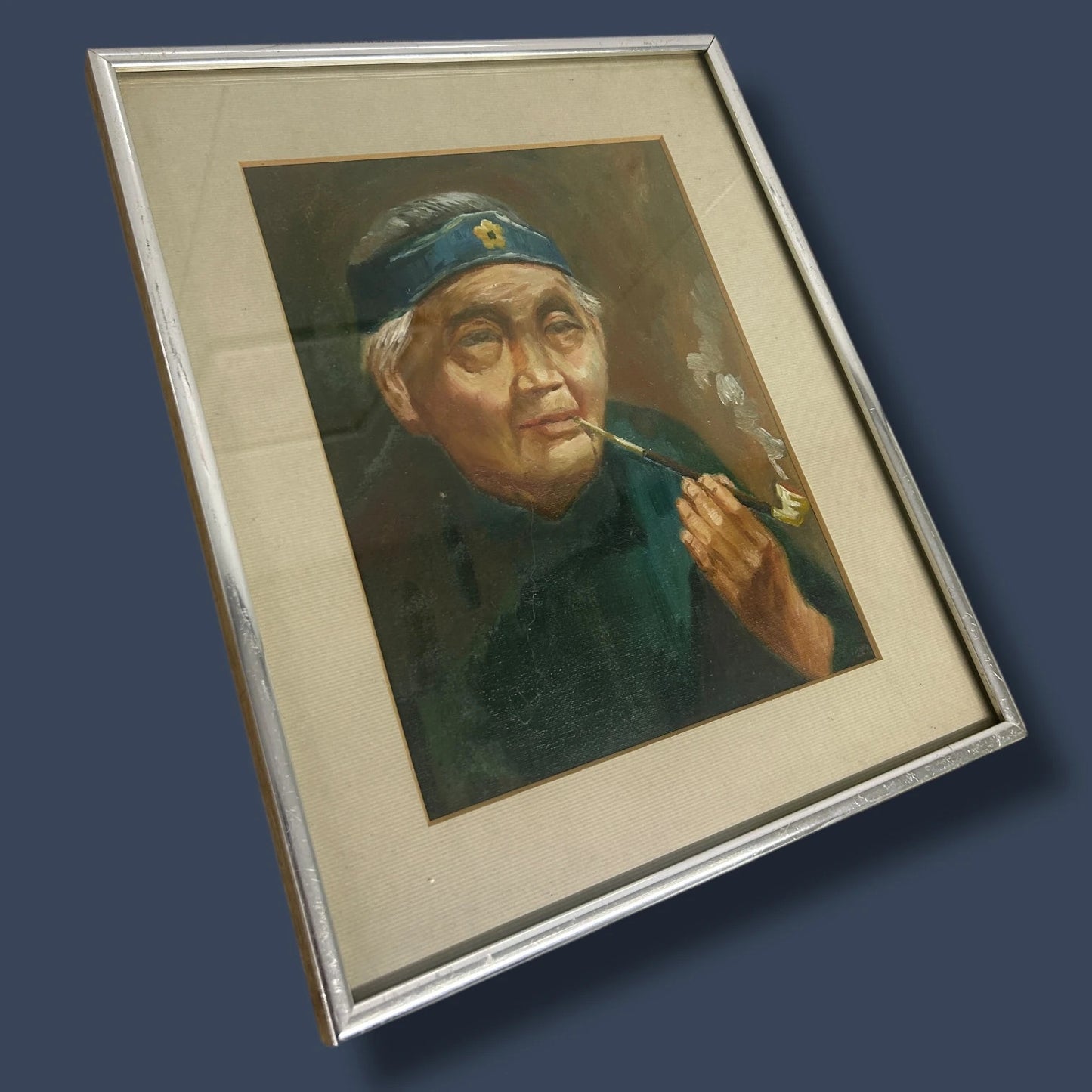 Vintage 1970s Asian Old Man Oil Painting