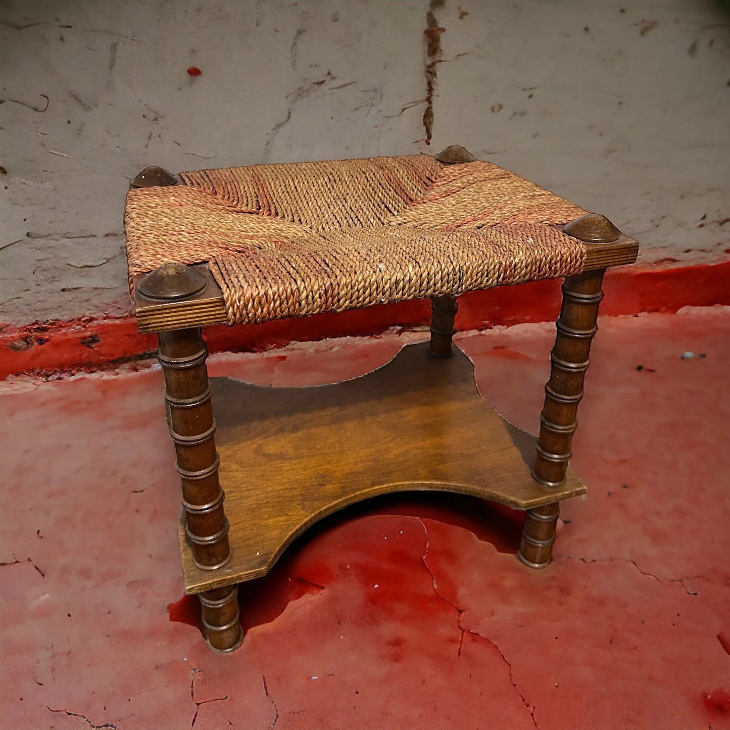 Vintage Wooden Bobbin Footstool With String Seat