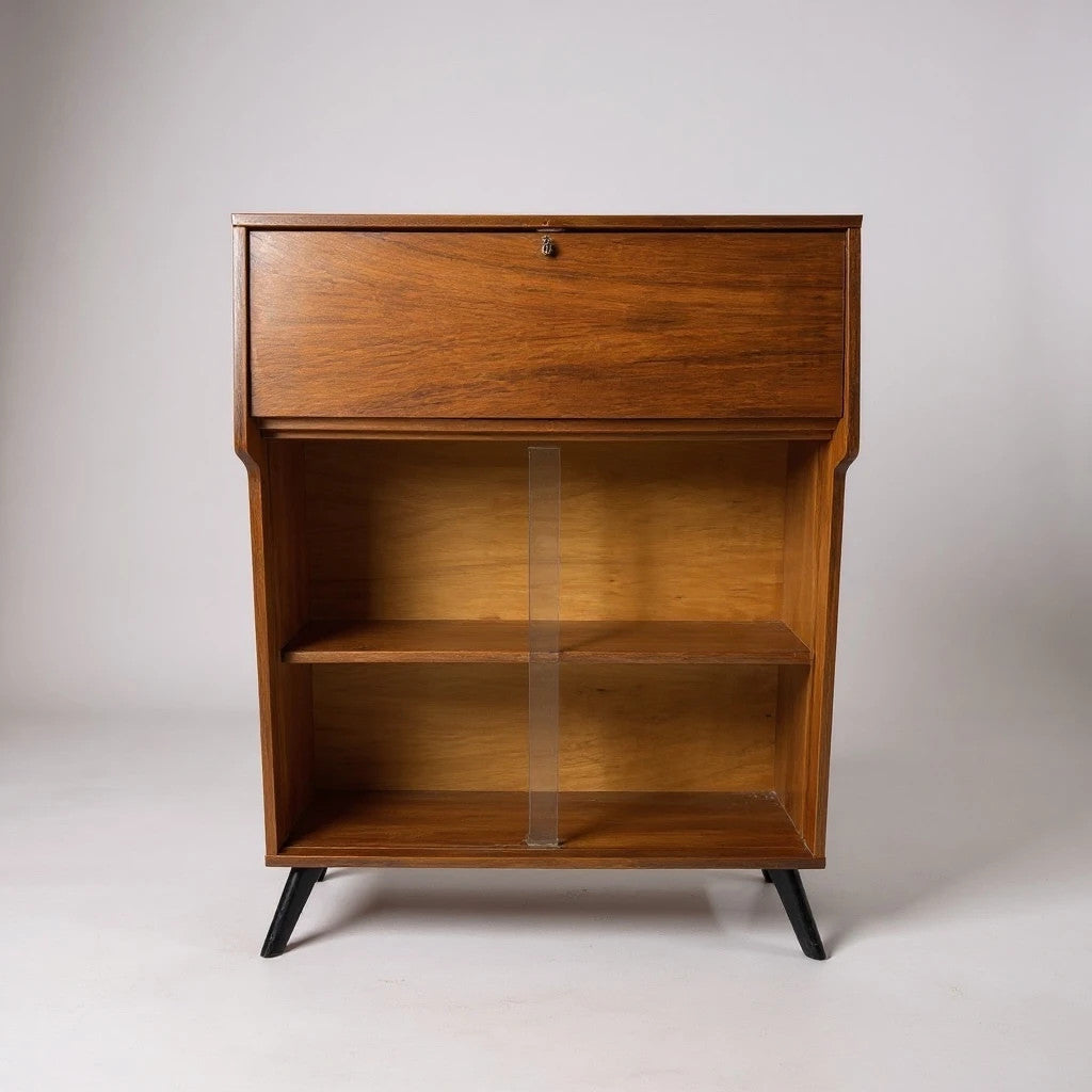 Mid-Century Avalon Bureau – Vintage Writing Desk with Glass Bookcase Storage