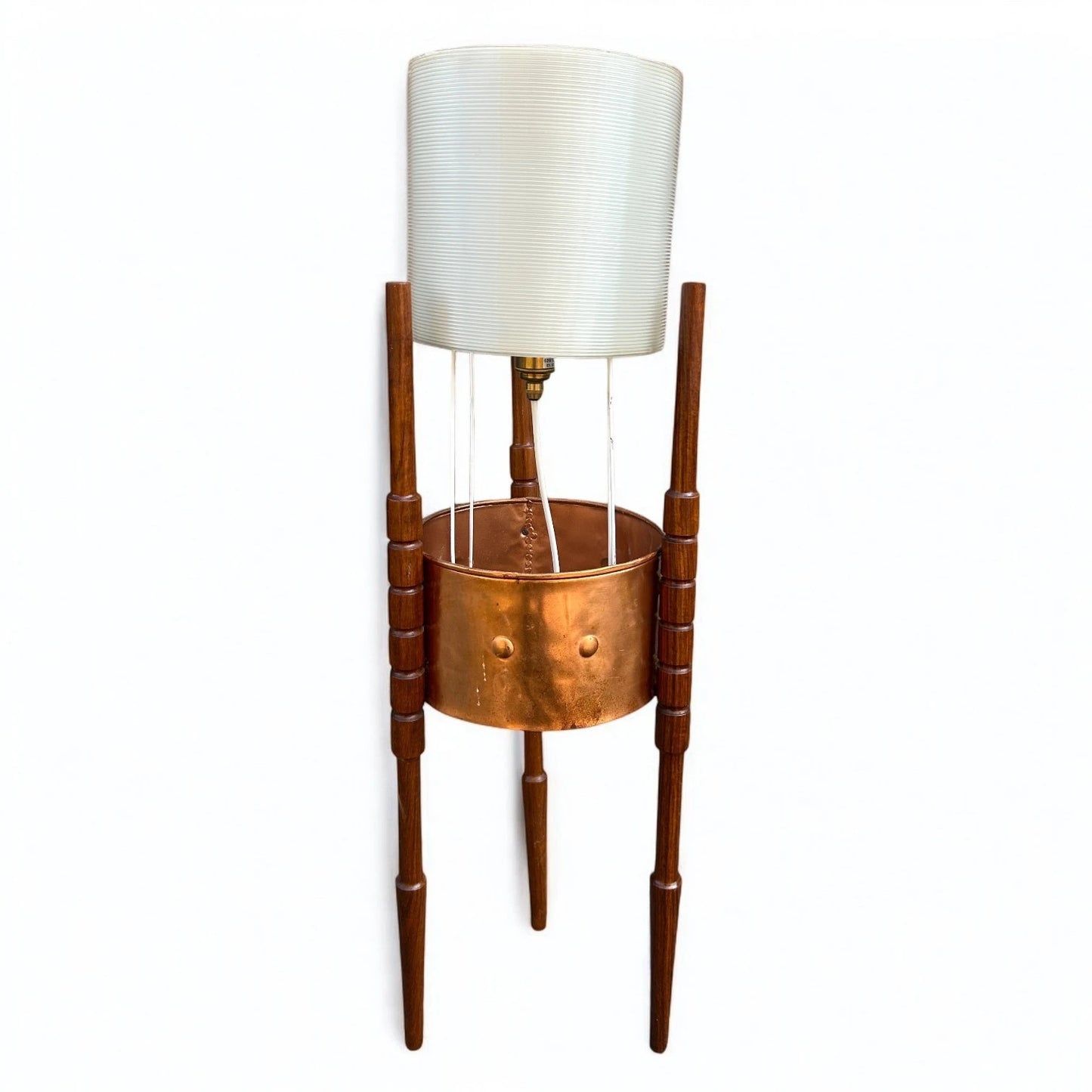 Mid Century Copper and Teak Wood Floor Lamp