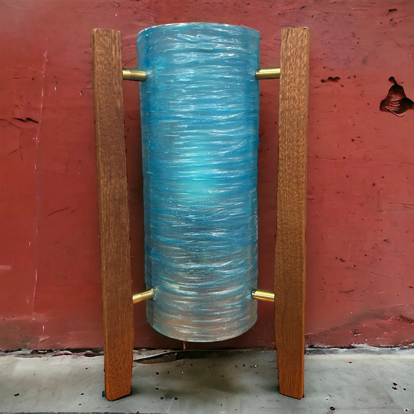 Mid Century Blue Fibreglass & Teak Rocket Table Lamp