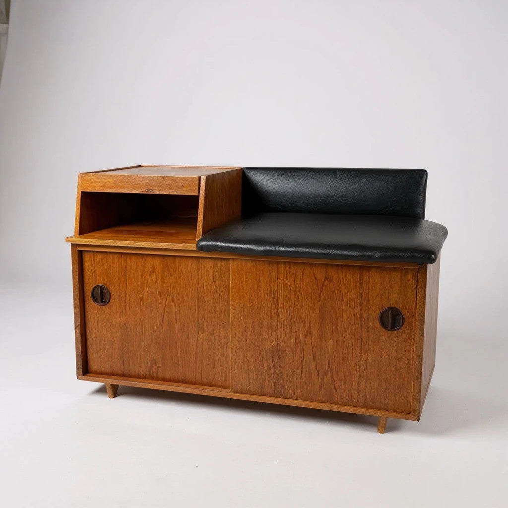 Vintage 1960s Chippy Heath Teak Telephone Table – Mid-Century Modern Hall Seat with Black Vinyl