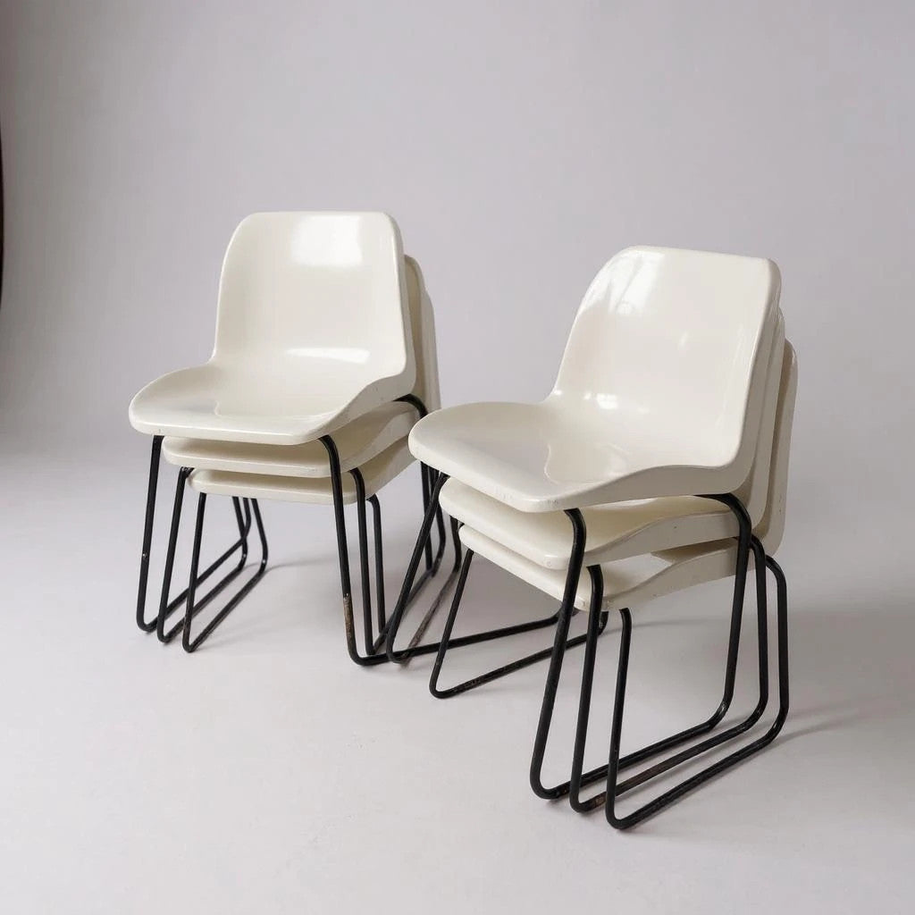 Mid Century Stackable White Plastic & Metal Chairs | Vintage Industrial Seating