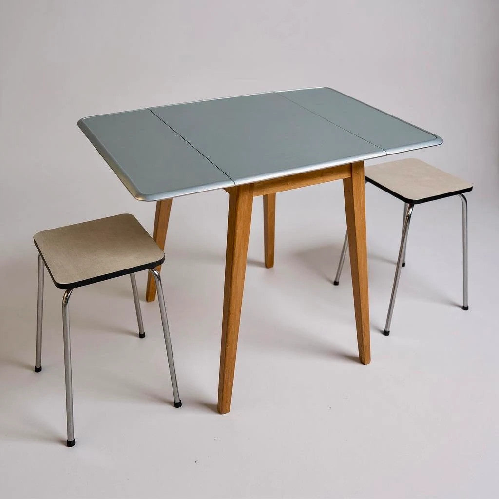 Mid Century Modern Blue Formica Dining Table and White Stools Dining Set
